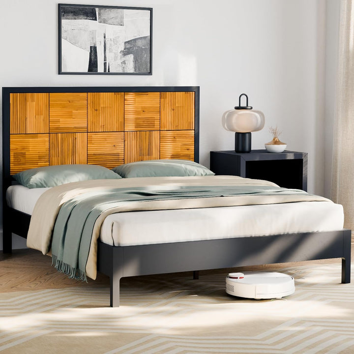 Madia queen platform bed frame designed with black & teak brown finish for a coordinated sleep space