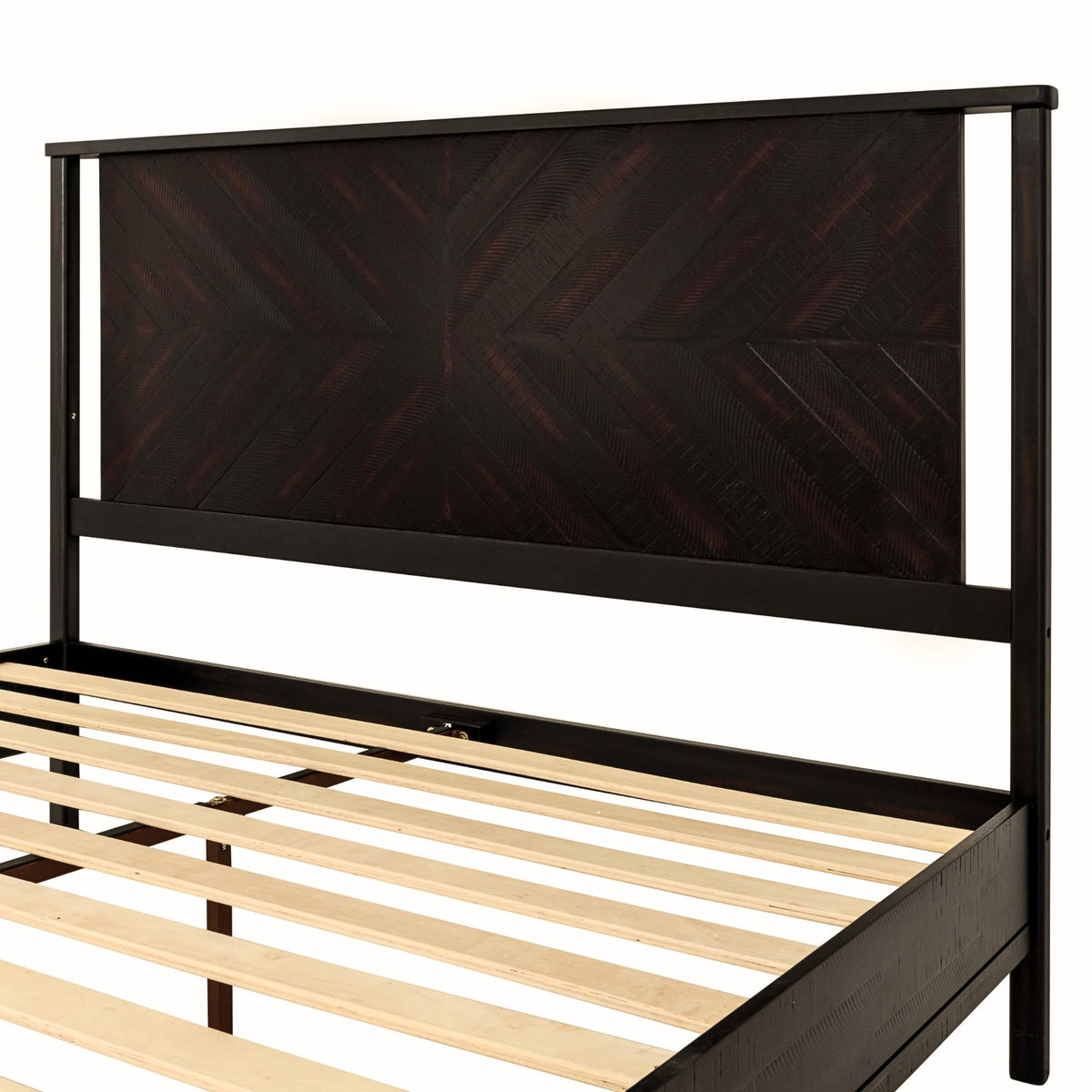 Vivian king platform bed frame with headboard, acacia wood, and rustic black finish for a complete bed arrangement