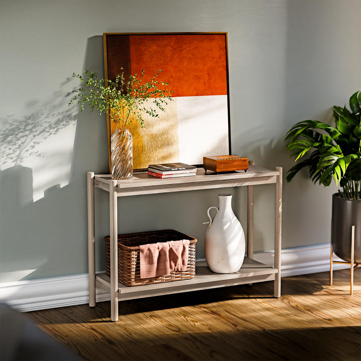 Lyra console table, featuring storage shelf, light grey finish, and entryway table, for entryway storage