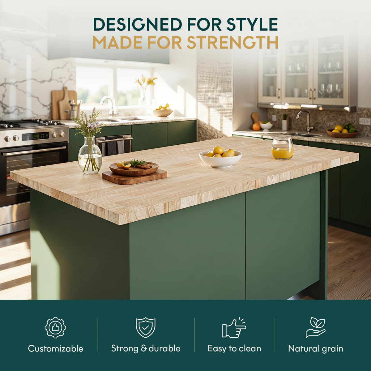 Hevea wood countertop with 5 ft x 36 in x 1.5 in; for custom work surfaces
