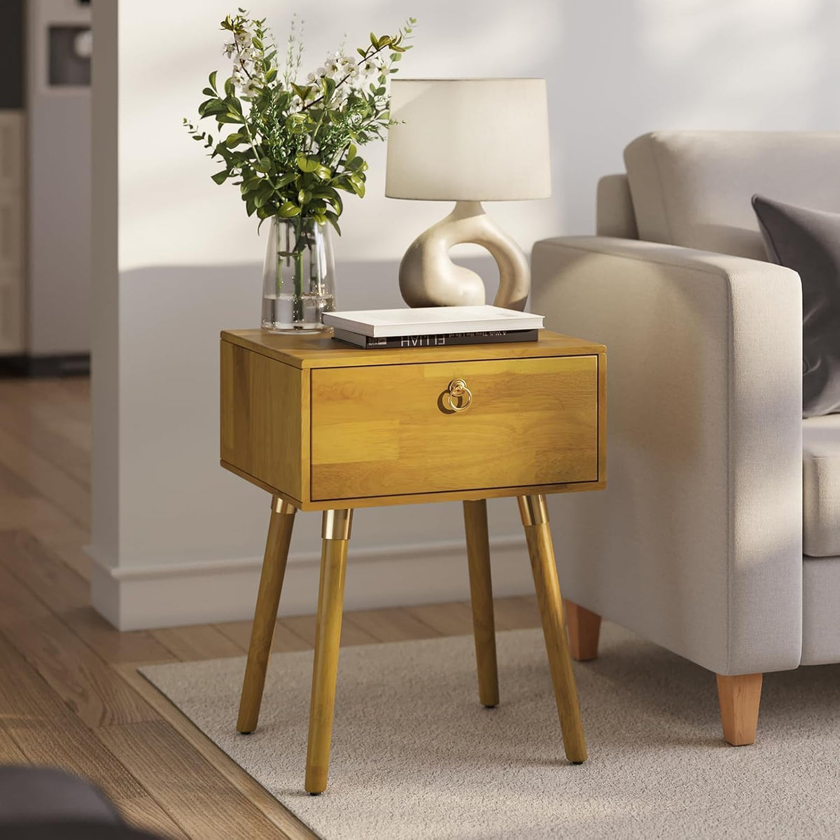 Alden 1-drawer nightstand with golden natural finish and bedside storage for a tidy bedside area