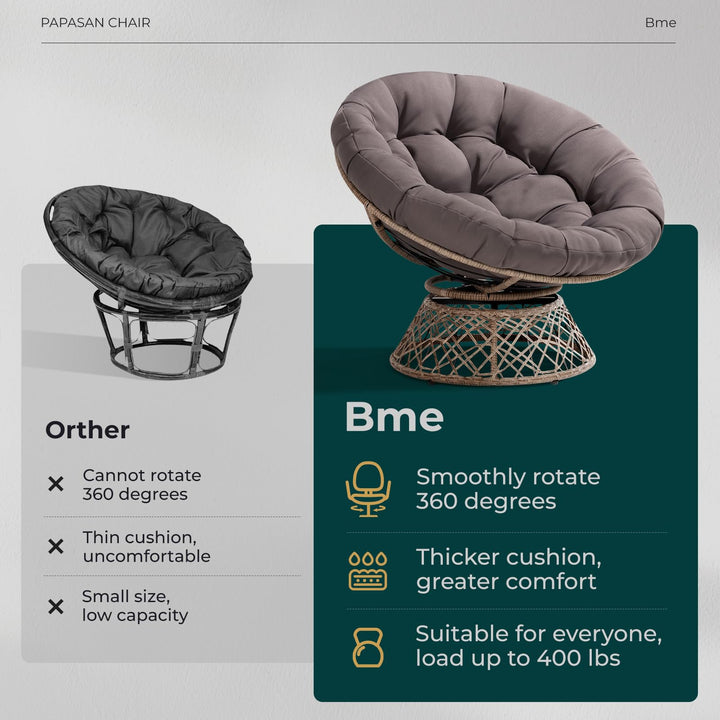 Papasan chair with smoky quartz cushion and brown frame for casual indoor seating