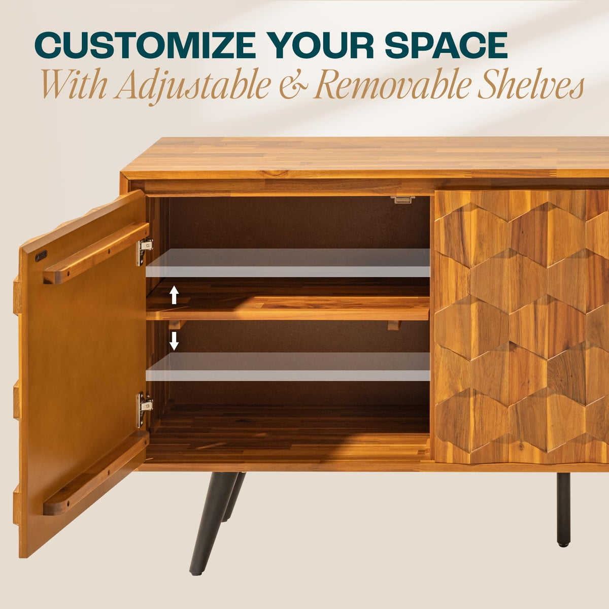 Georgina sideboard cabinet, featuring teak brown finish and dining or living room storage, for shared living spaces