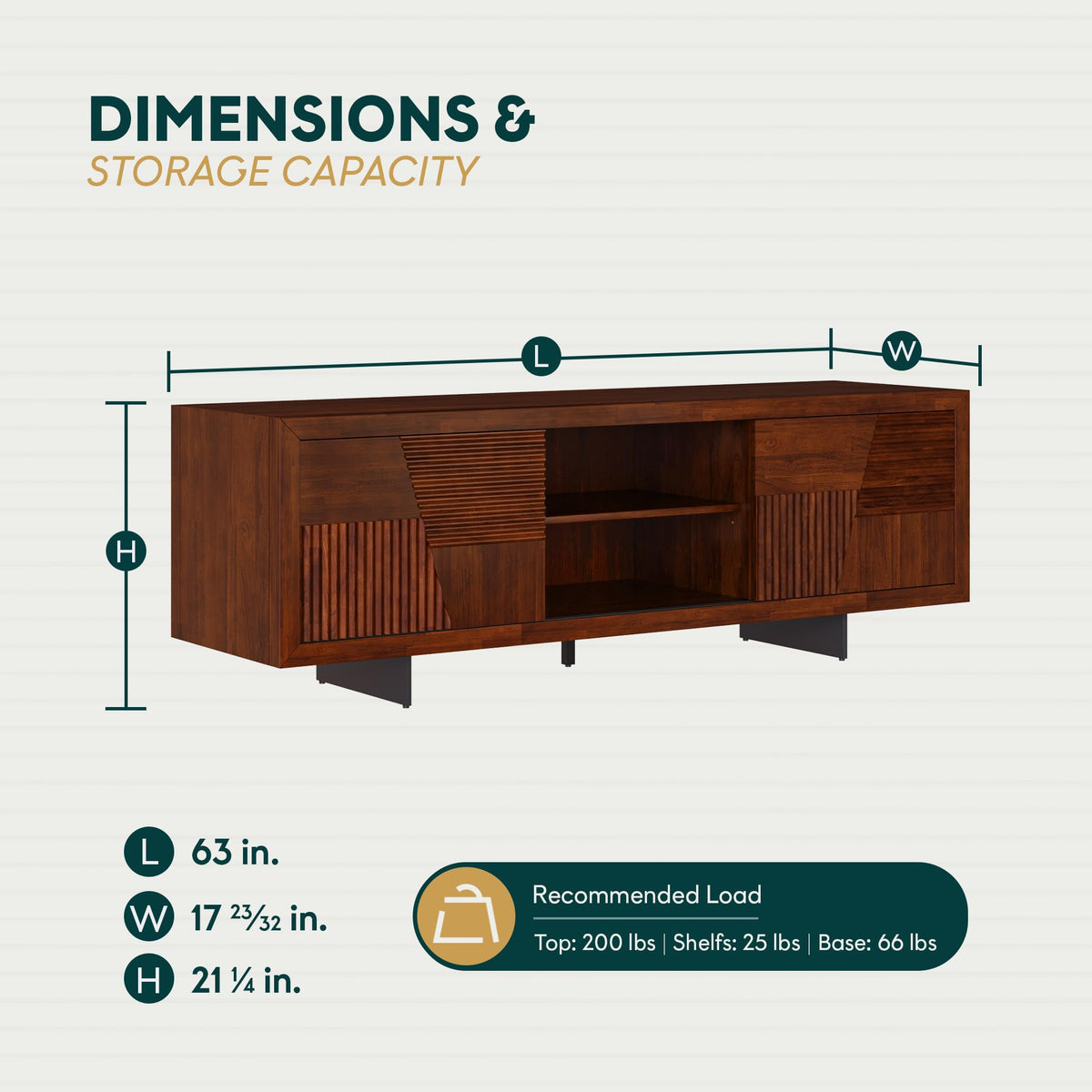 Trapeze TV stand designed with walnut finish and media storage for living room media