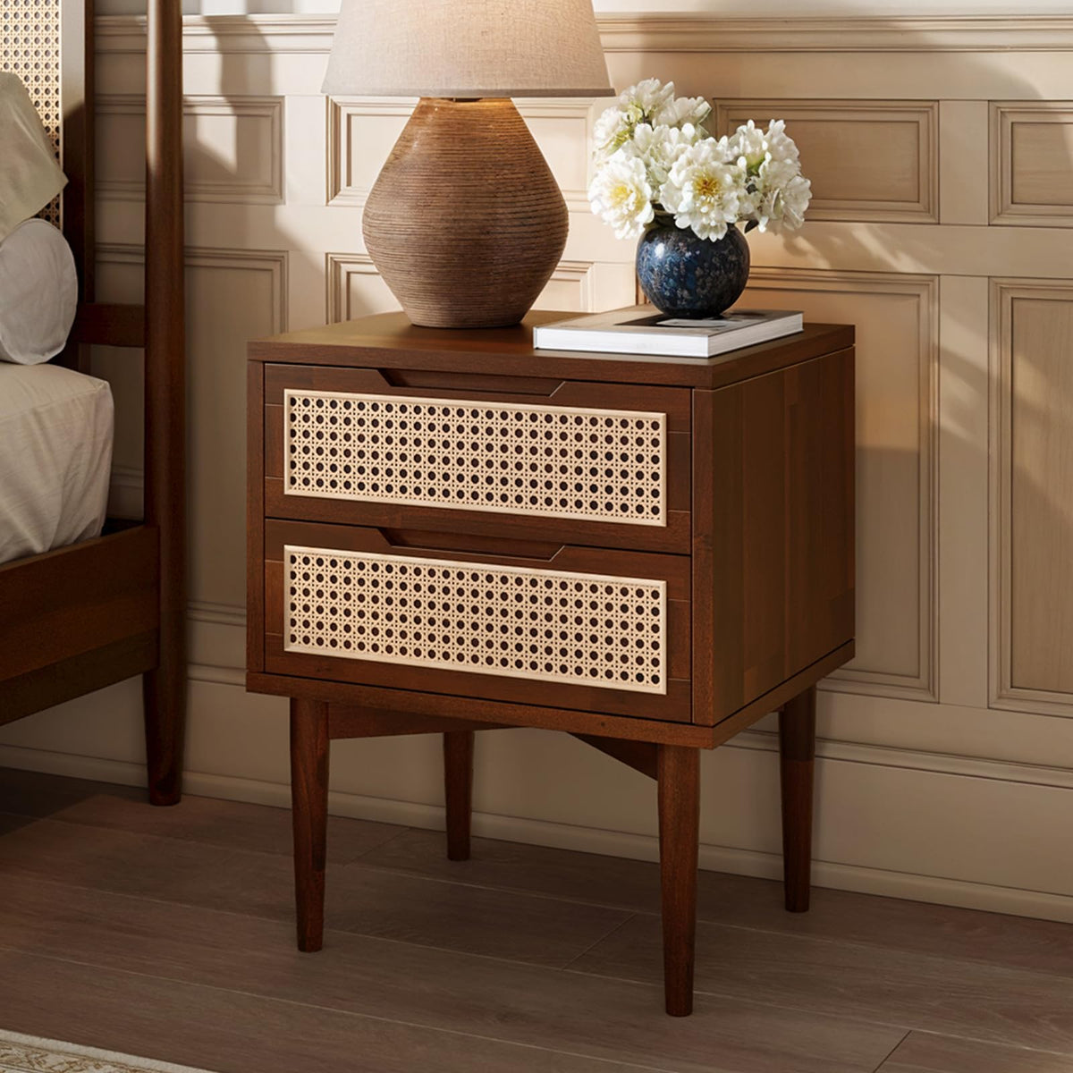 Oliver 2-drawer nightstand with walnut finish and bedside storage for bedside storage