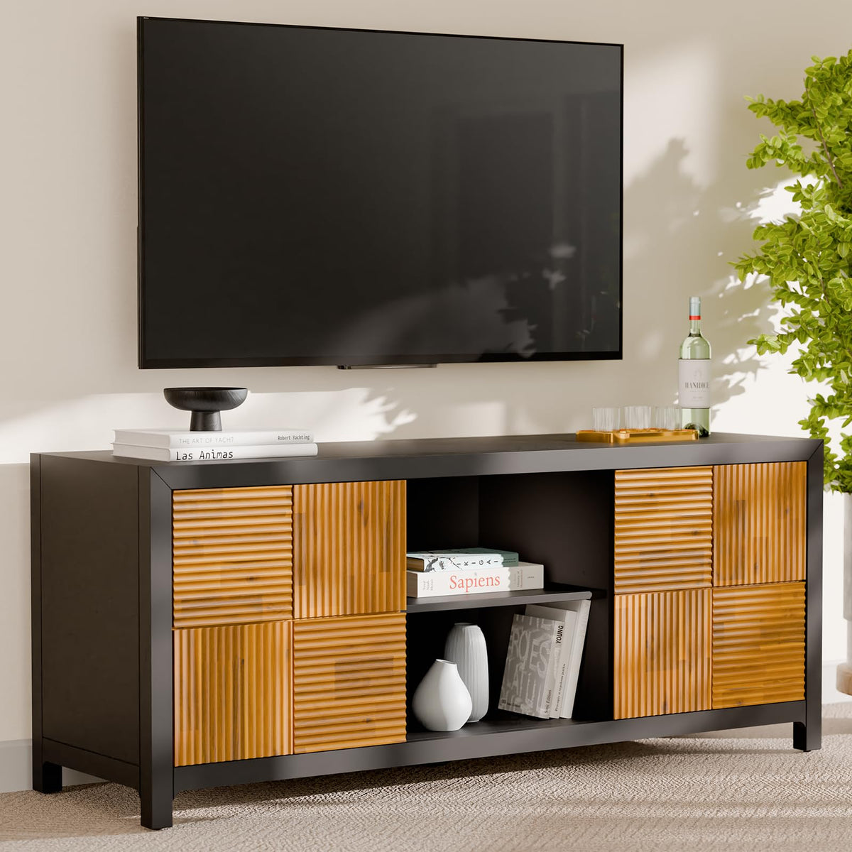 Madia TV stand with black & teak brown finish and media storage for media storage