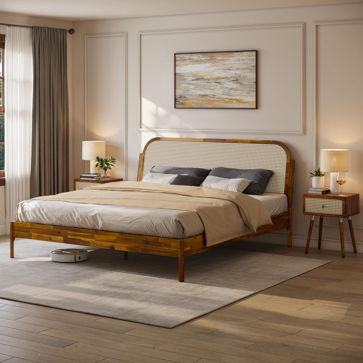 Aurelia king platform bed frame with caramel finish; for sleep-space furnishing