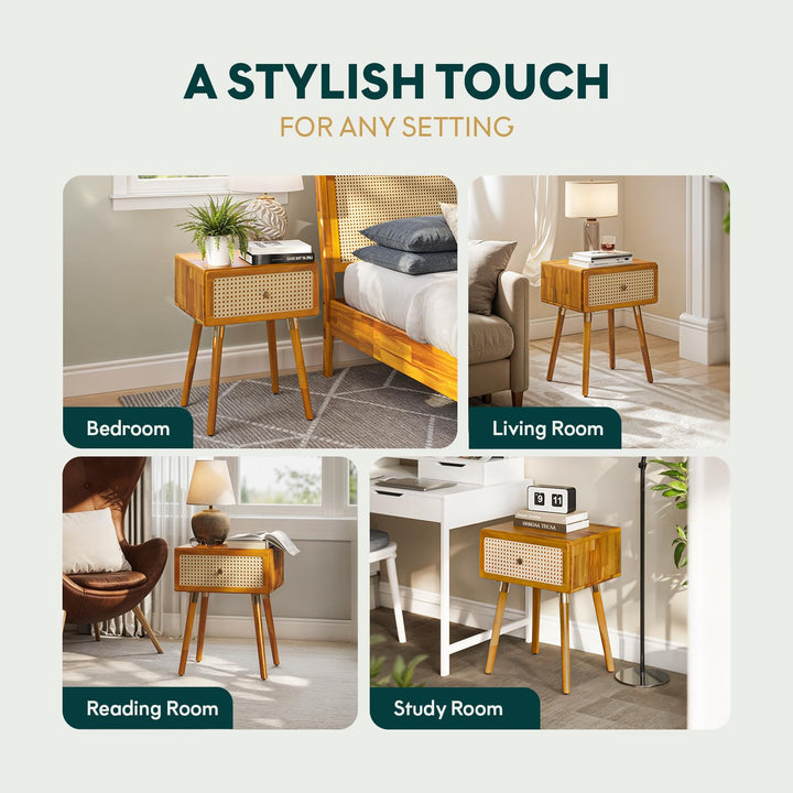 Aurelia nightstand, featuring caramel finish and bedside storage, for small-item storage