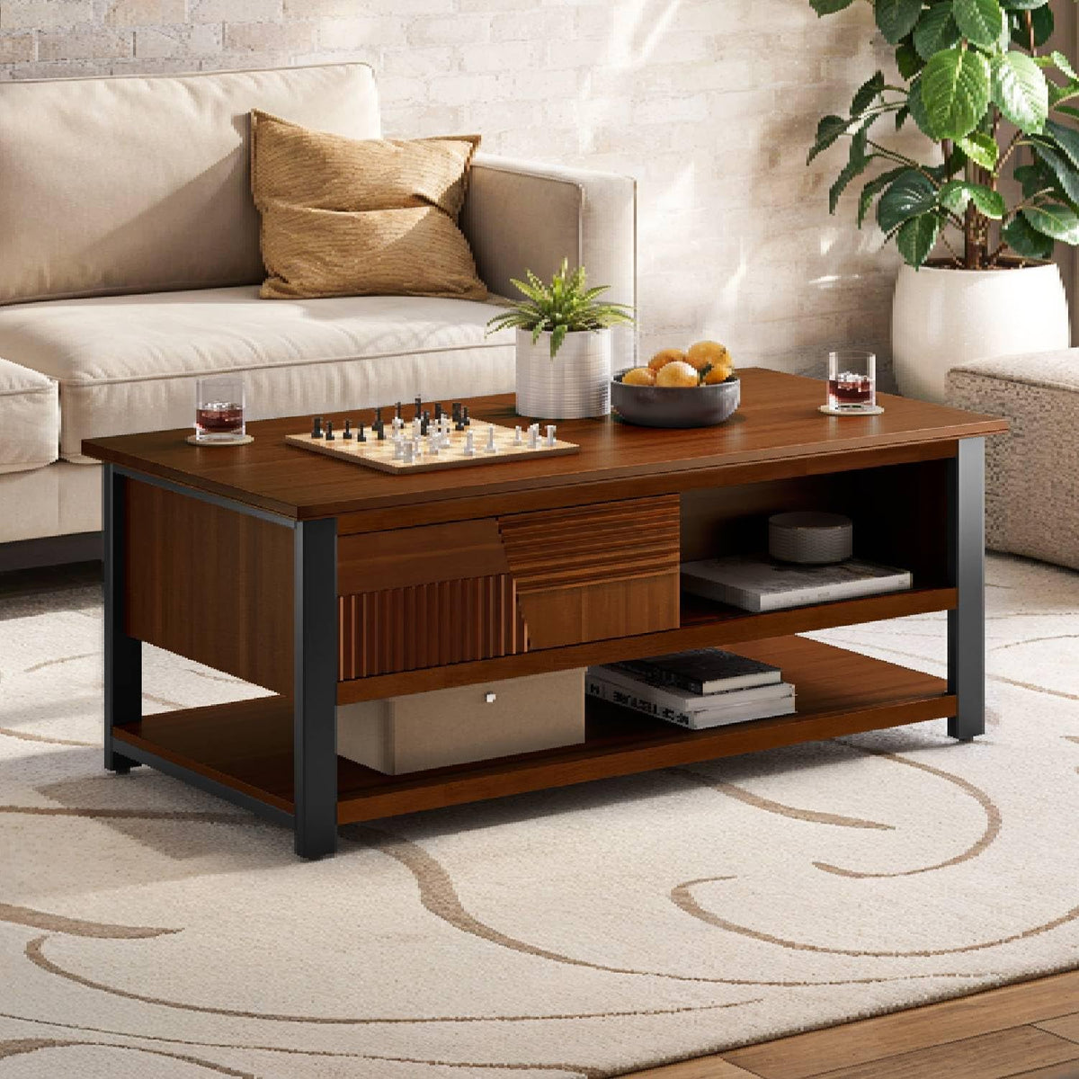 Trapeze coffee table with walnut finish and living room table for living room use
