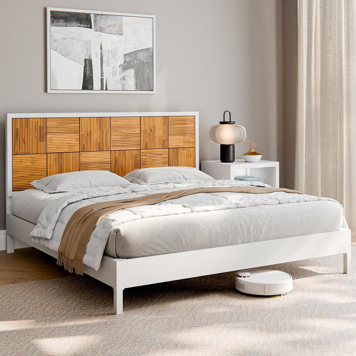 Madia king platform bed frame designed with ivory white & teak brown finish for a coordinated sleep space