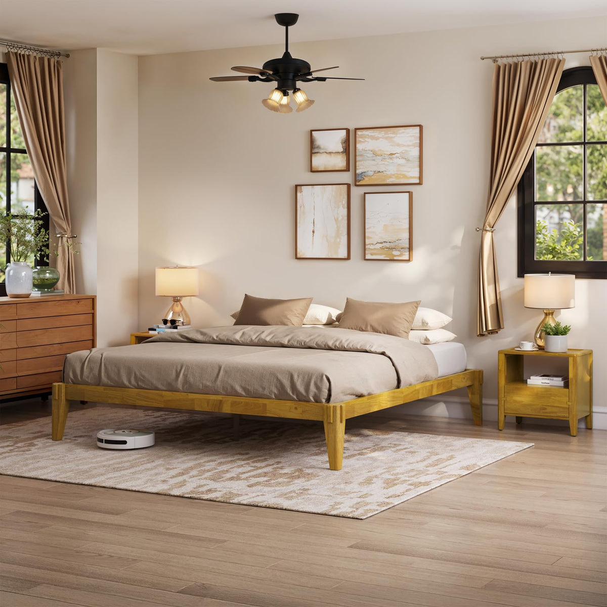 Chalipa king platform bed frame, featuring headboard- design and natural finish, for a platform bed setup