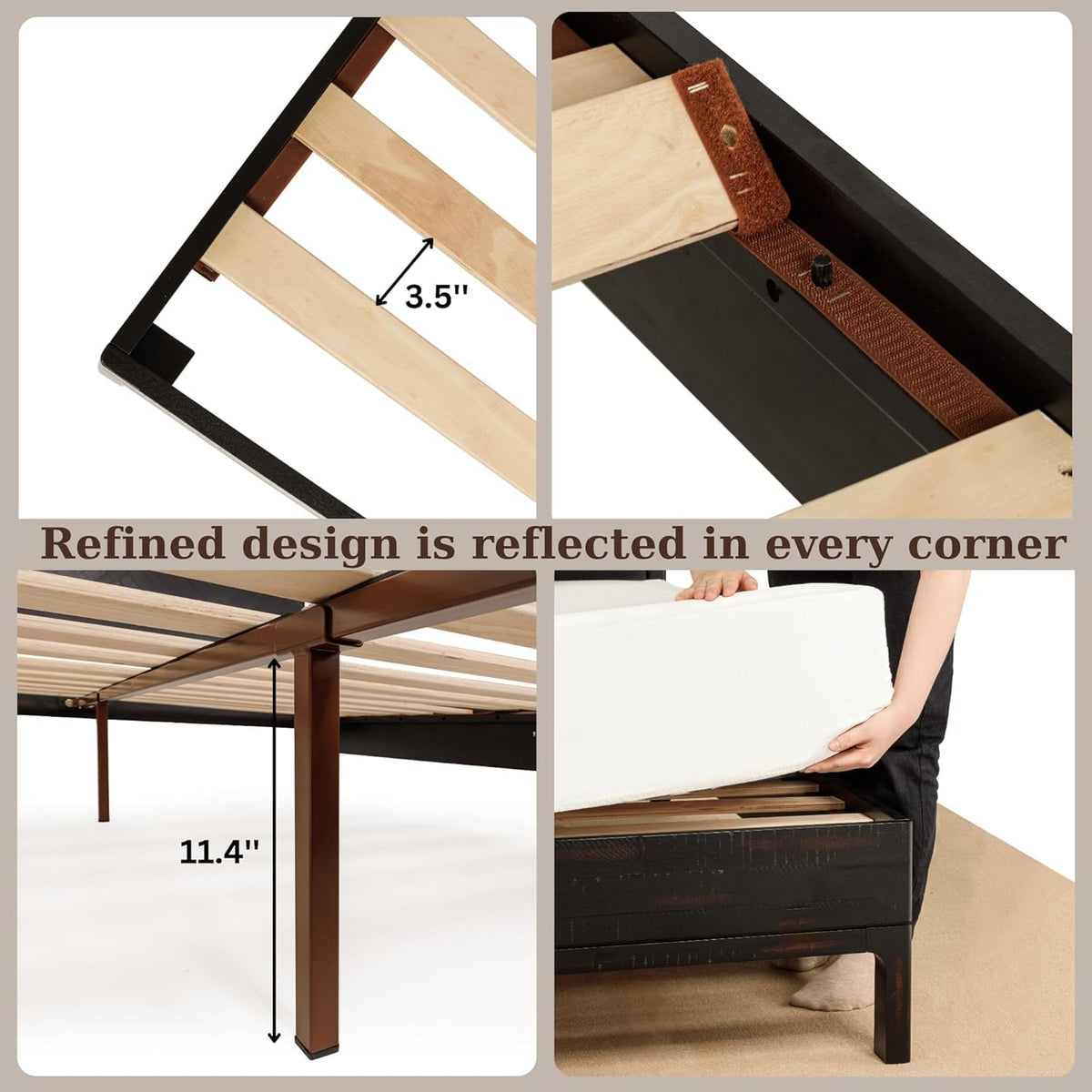 Vivian queen platform bed frame, featuring headboard, acacia wood, and rustic black finish, for a platform bed setup