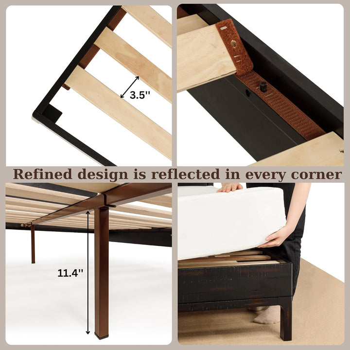 Vivian queen platform bed frame, featuring headboard, acacia wood, and rustic black finish, for a platform bed setup