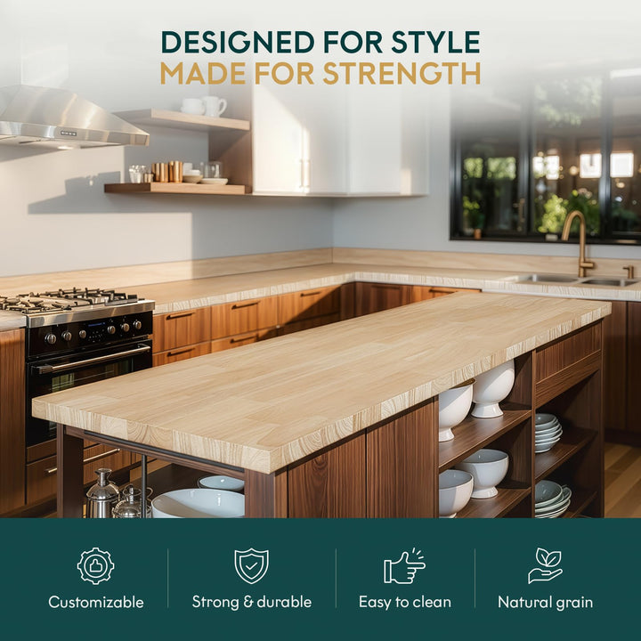 Hevea wood butcher block backsplash with 8 ft x 4 in x 1.5 in; for custom work surfaces