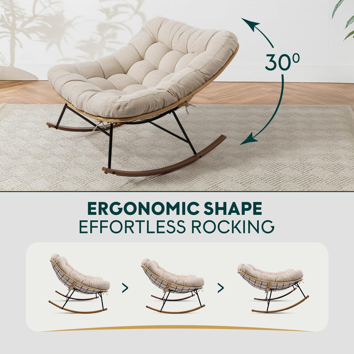 Metal moon rocking chair with beige cushion and wood-texture frame; for everyday rocking seating