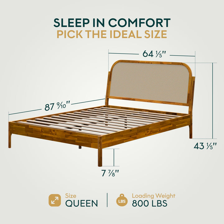 Aurelia queen platform bed frame, featuring caramel finish, for mattress placement