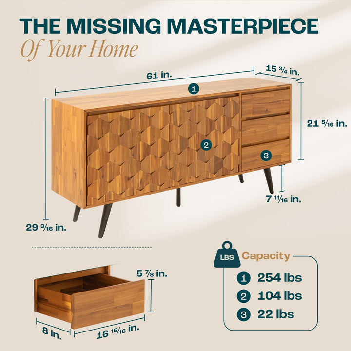 Georgina sideboard cabinet, featuring teak brown finish and dining or living room storage, for living room storage