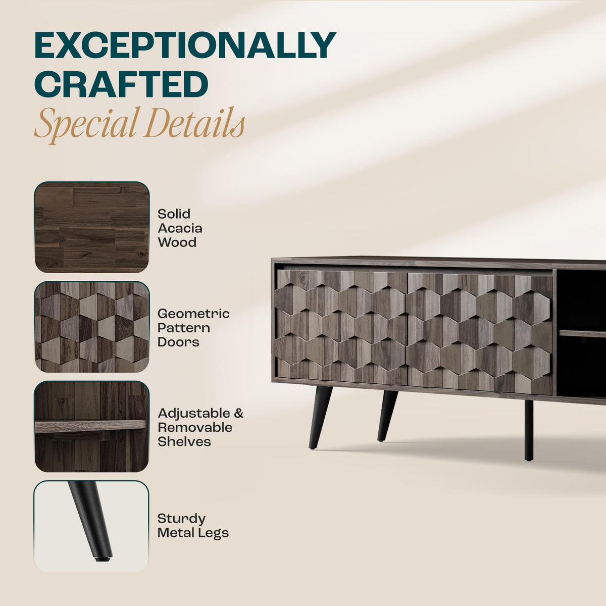 Georgina TV stand, featuring 65-inch design, 2-door, mocha finish, and media storage, for TV placement
