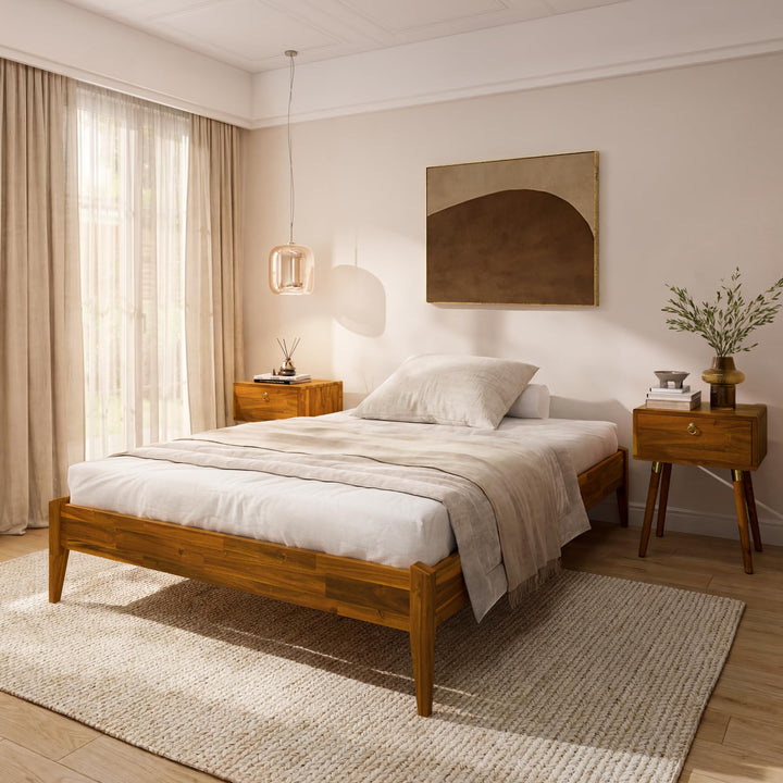 Dinkee full platform bed frame with headboard- design and caramel finish for mattress and bedroom setup