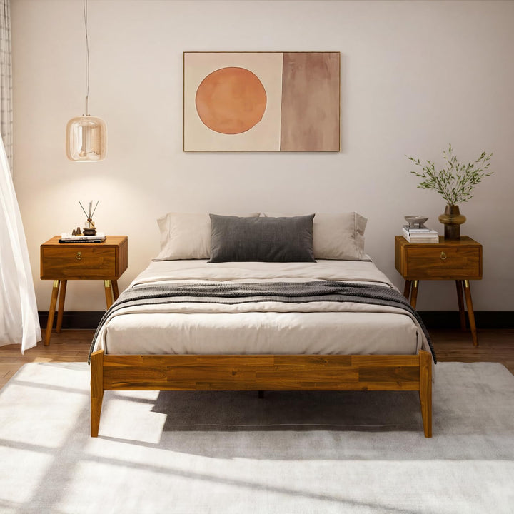Dinkee full platform bed frame with headboard- design and caramel finish for bedroom setup