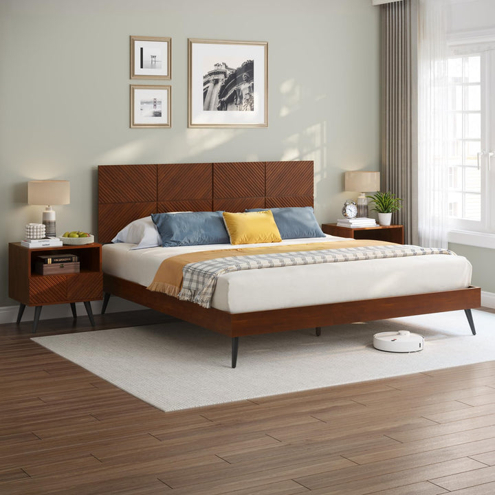 Rhombus king platform bed frame with walnut finish; for bedroom furniture