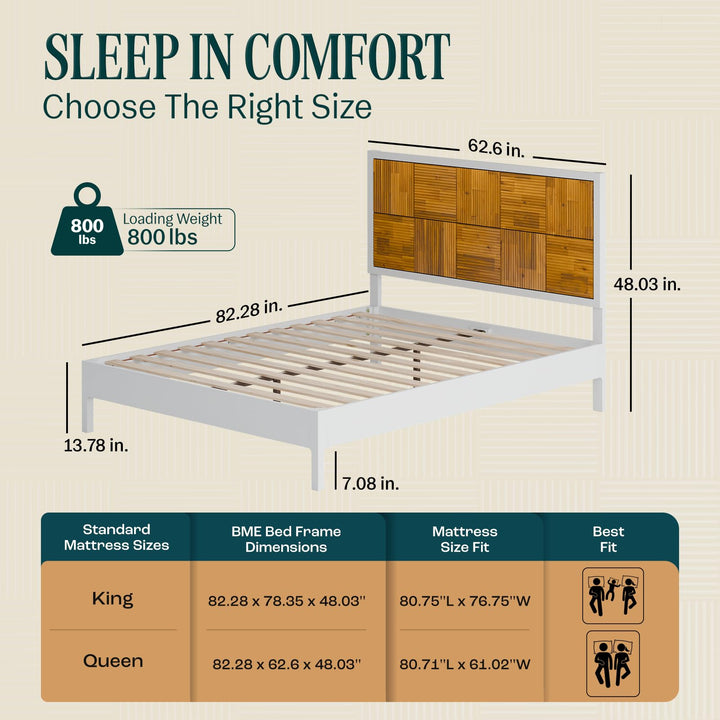 Madia queen platform bed frame, featuring ivory white & teak brown finish, for mattress placement