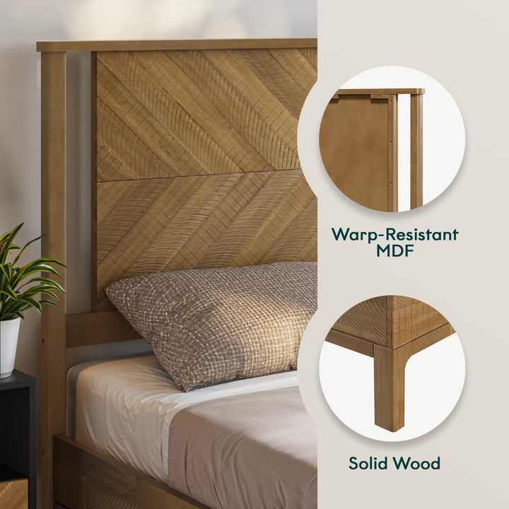 Vivian queen platform bed frame designed with headboard, acacia wood, and rustic seadrift finish for sleep space