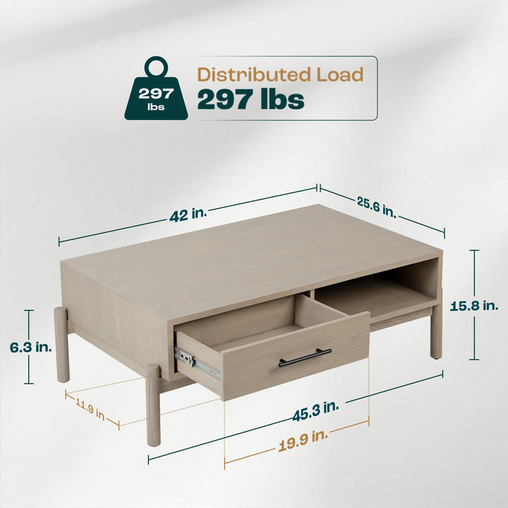 Lyra 2-drawer coffee table with light grey finish and living room table; for tabletop display