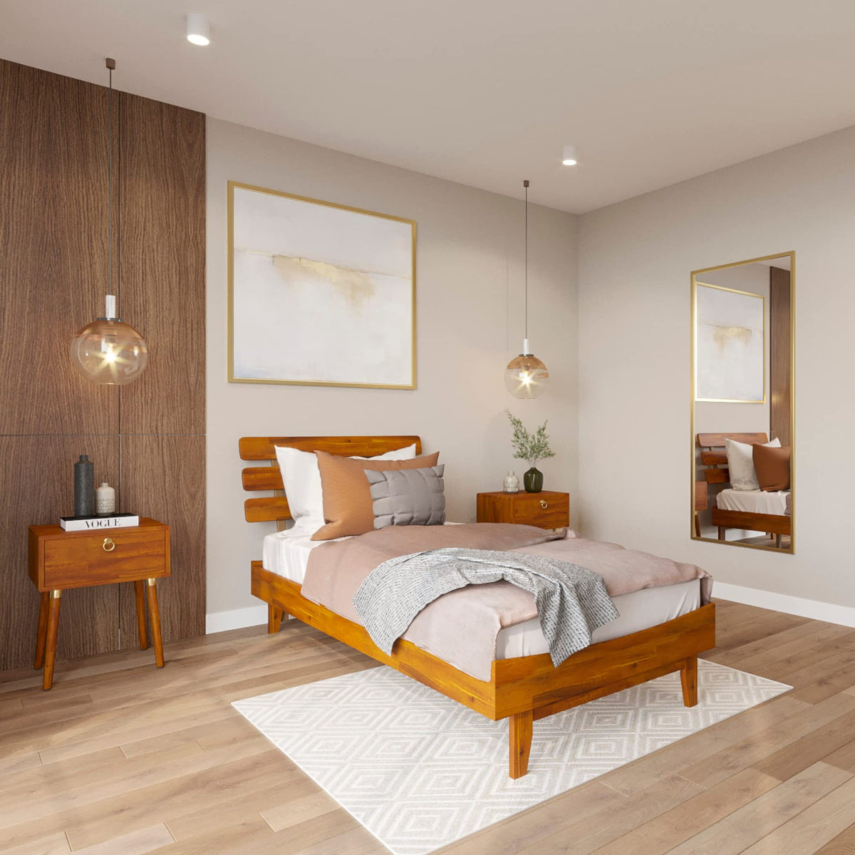Caden twin platform bed frame, featuring headboard and caramel finish, for daily bedroom use