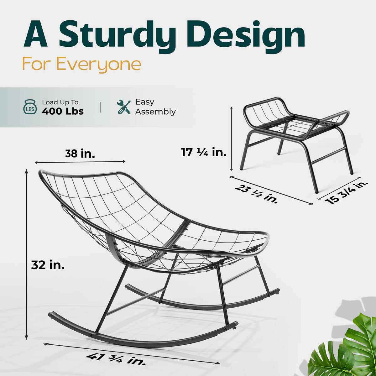 Metal moon rocking chair with ottoman with grey cushion and black matte frame; for living room seating
