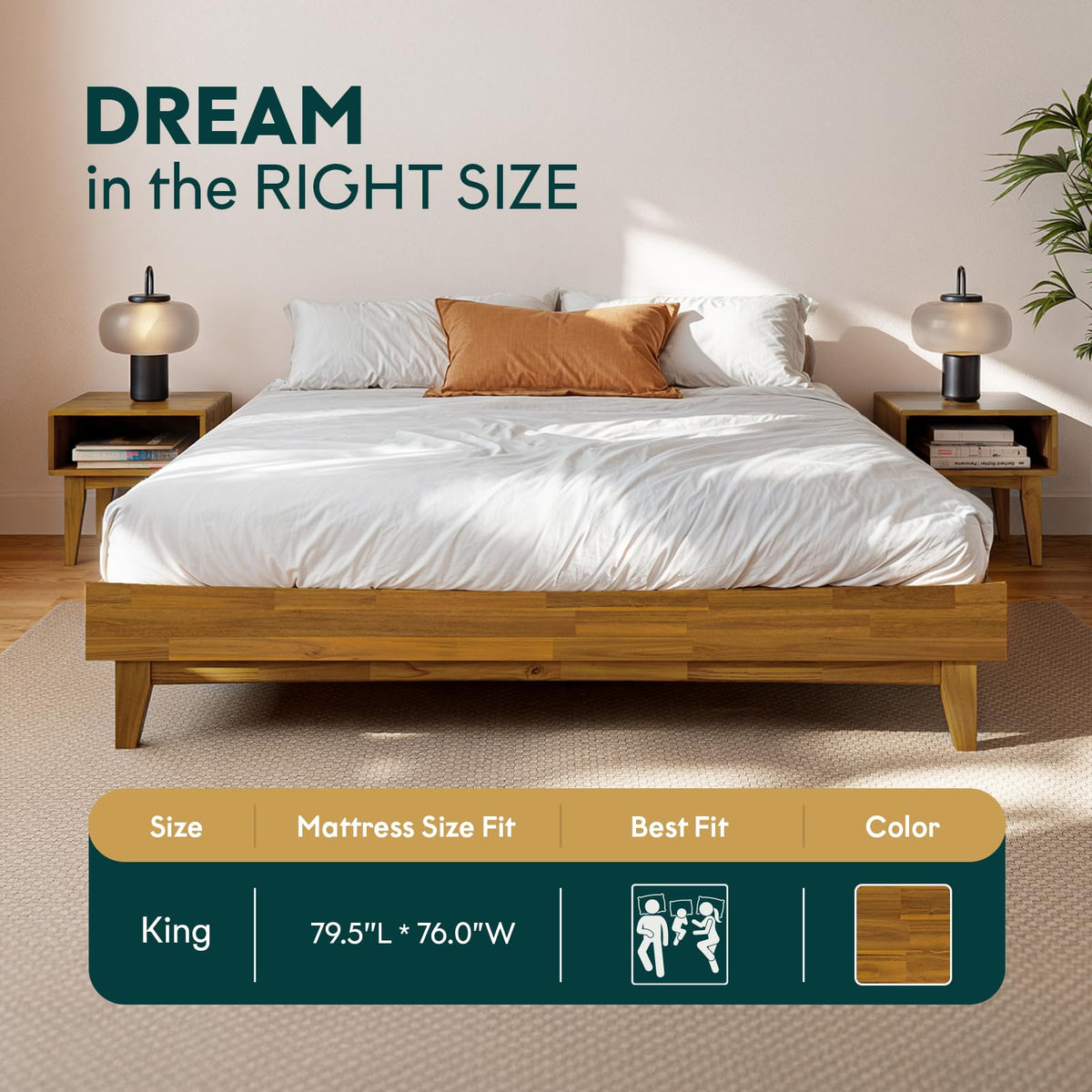Catherine king platform bed frame with teak brown finish for everyday bedroom use
