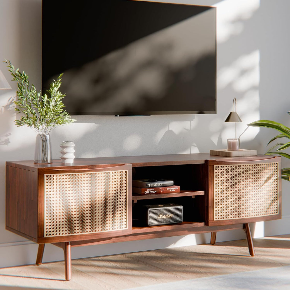 Nancy TV stand with dark chocolate finish and media storage; for a home entertainment area