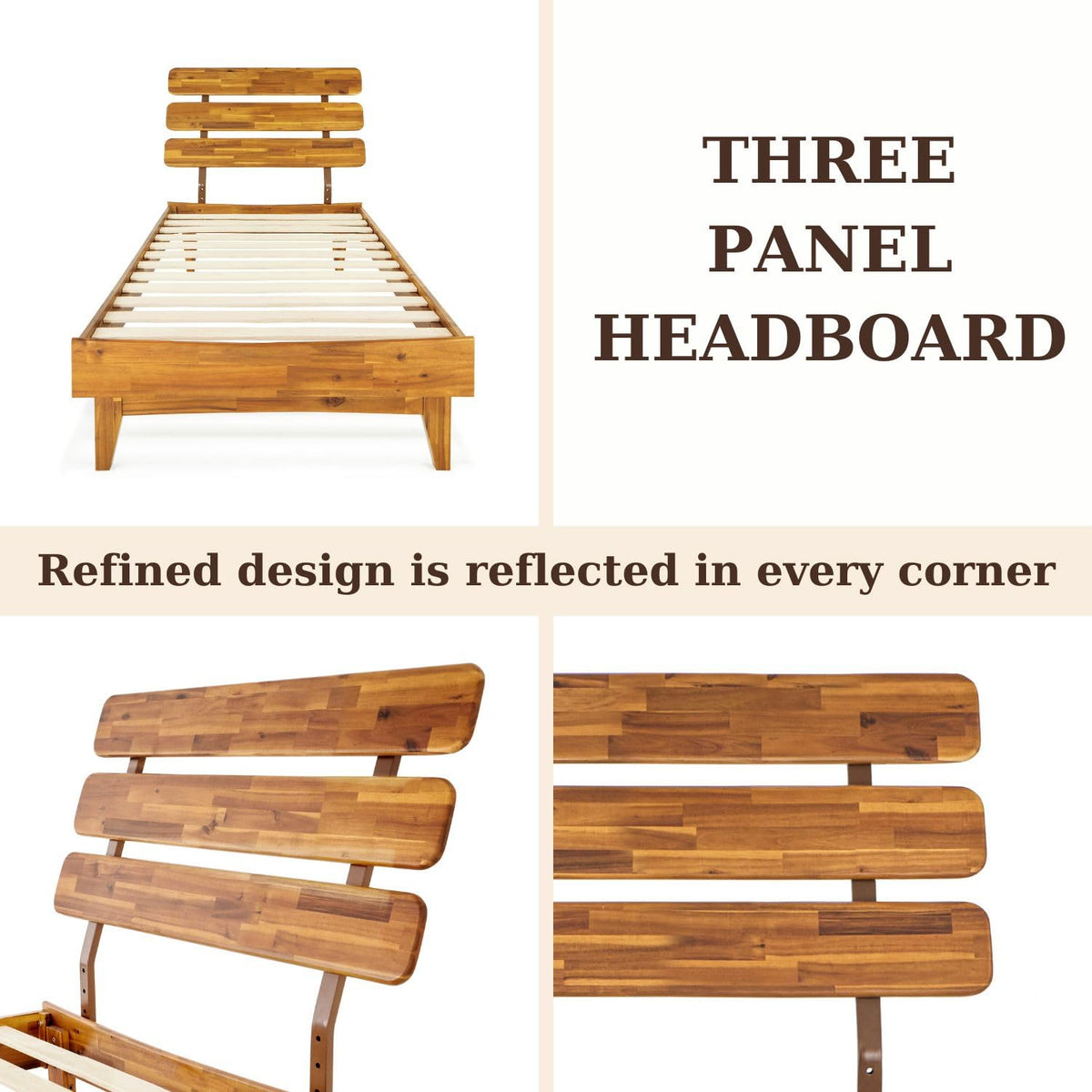 Caden twin platform bed frame with headboard and caramel finish for a complete bed arrangement