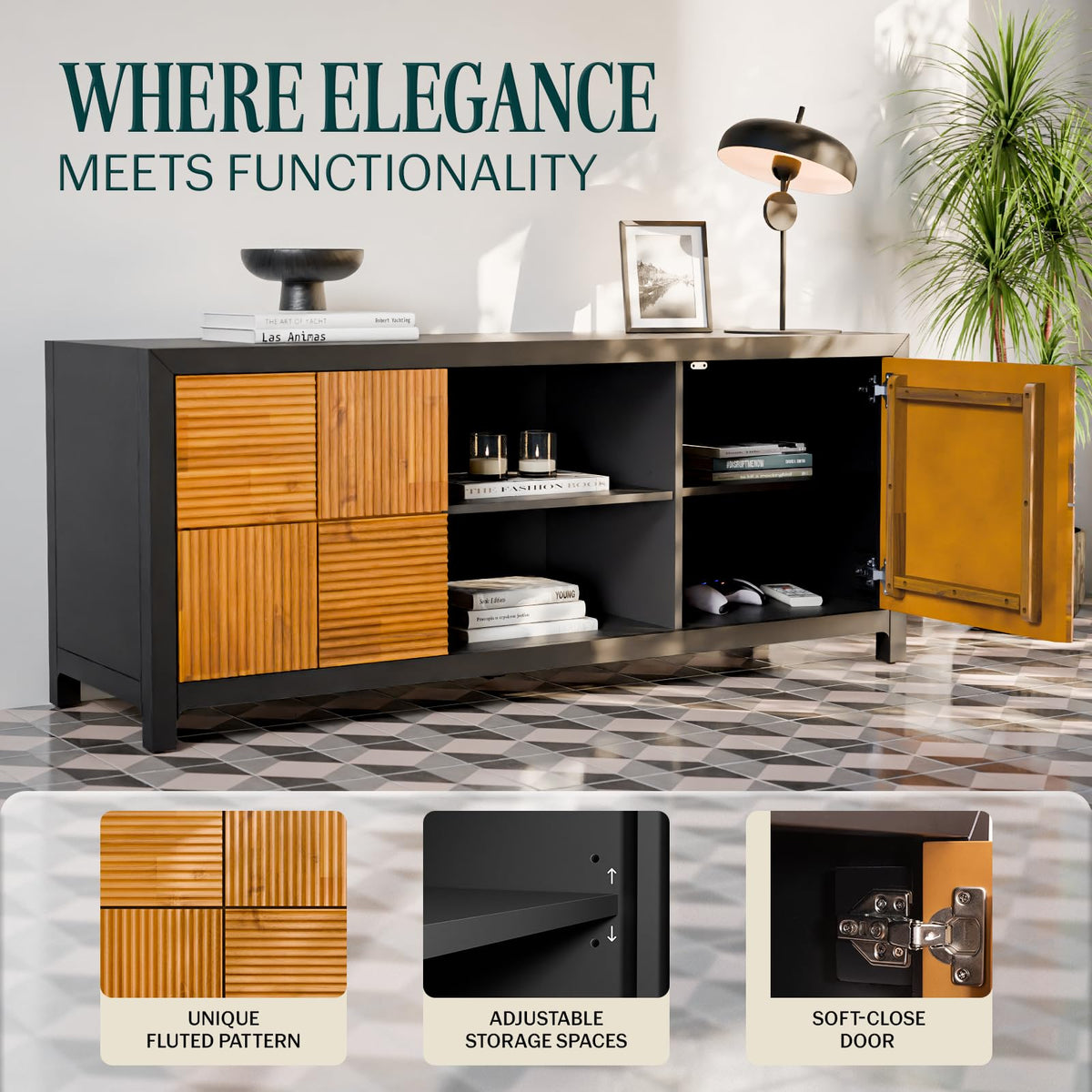 Madia TV stand designed with black & teak brown finish and media storage for living room media