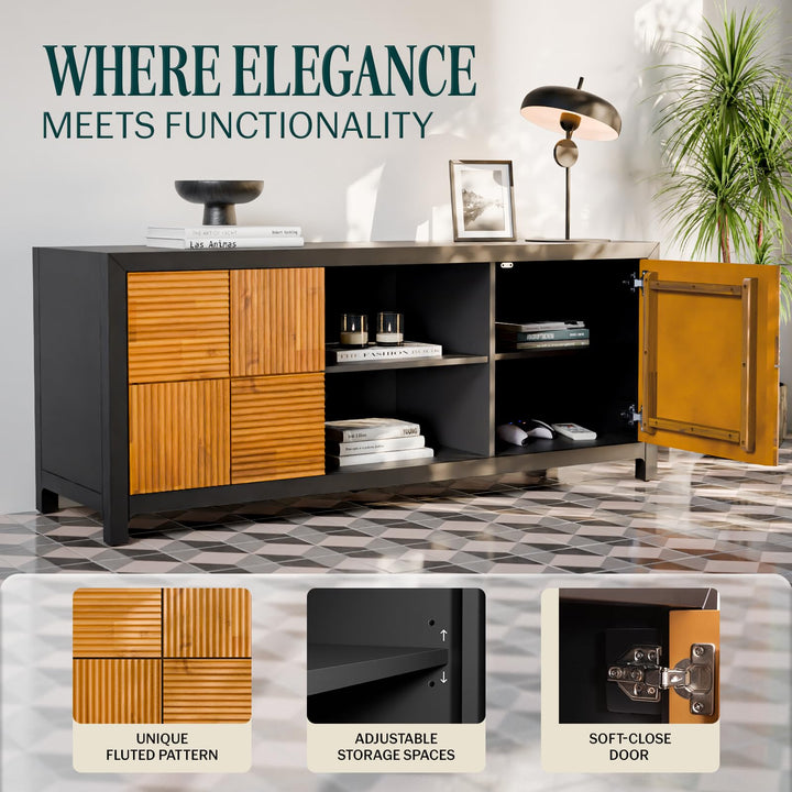 Madia TV stand designed with black & teak brown finish and media storage for living room media