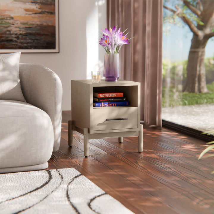 Lyra 1-drawer side table, featuring light grey finish and sofa-side or bedside table, for compact surface space