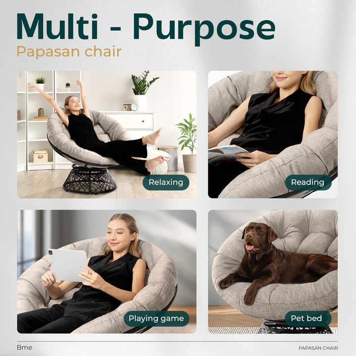 Papasan chair designed with silver cloud cushion and black frame for everyday indoor seating