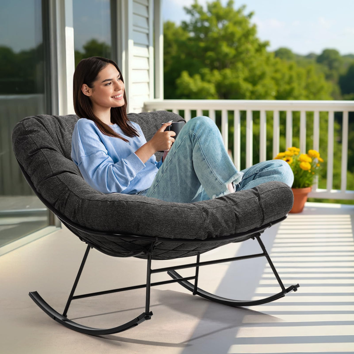 Metal moon rocking chair with ottoman with grey cushion and black matte frame; for everyday rocking seating