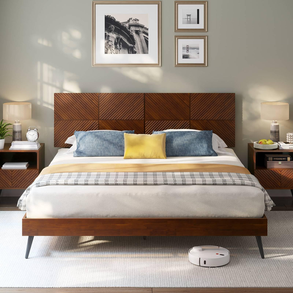Rhombus king platform bed frame with walnut finish for bedroom setup