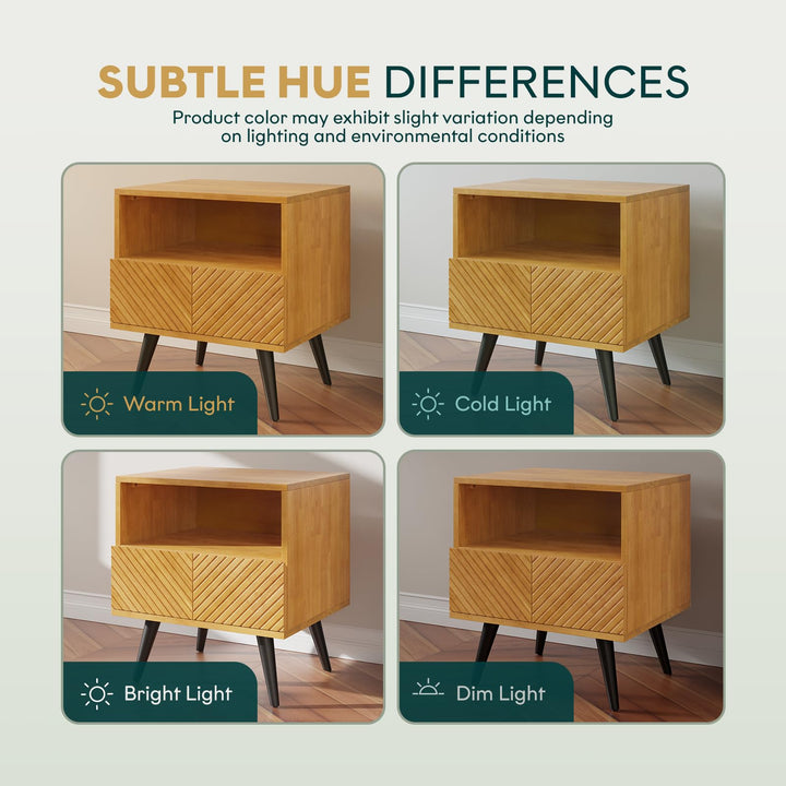 Rhombus nightstand with teak brown finish and bedside storage; for everyday bedside use