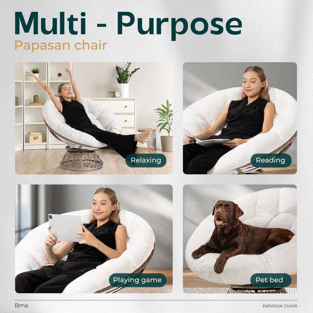 Papasan chair, featuring arctic snow cushion and brown frame, for a lounge area