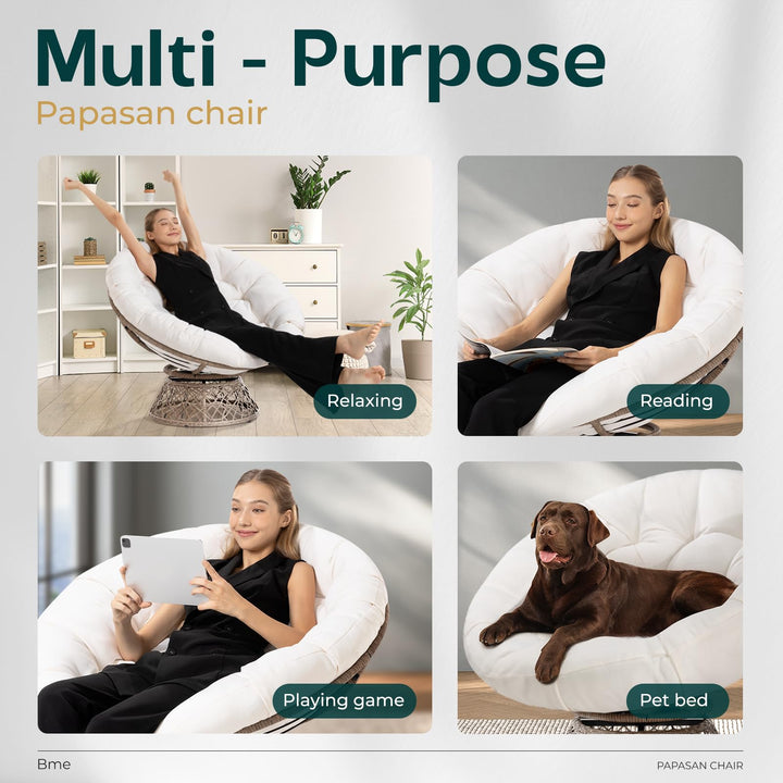 Papasan chair, featuring arctic snow cushion and brown frame, for a lounge area