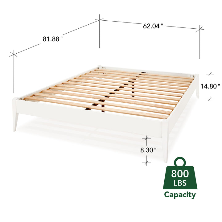 Dinkee queen platform bed frame, featuring headboard- design and white finish, for mattress placement