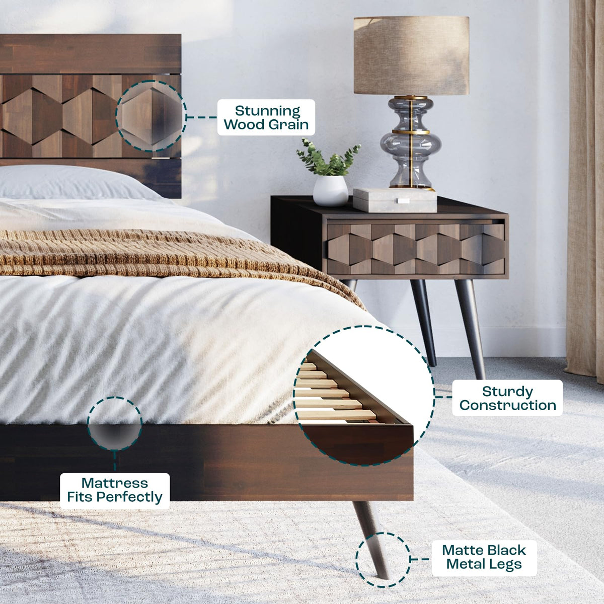 Georgina queen platform bed frame with walnut finish; for sleep-space furnishing