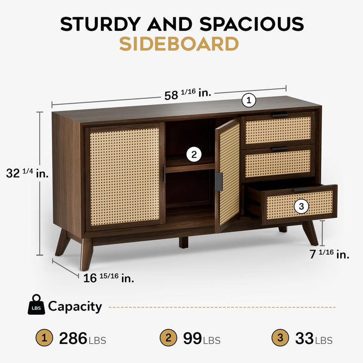 Jasper sideboard cabinet, featuring walnut finish and dining or living room storage, for living room storage