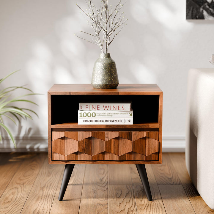 Georgina 1-drawer nightstand designed with dark chocolate finish and bedside storage as a bedside table
