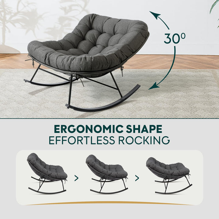Metal moon rocking chair with grey cushion and black matte frame; for everyday rocking seating