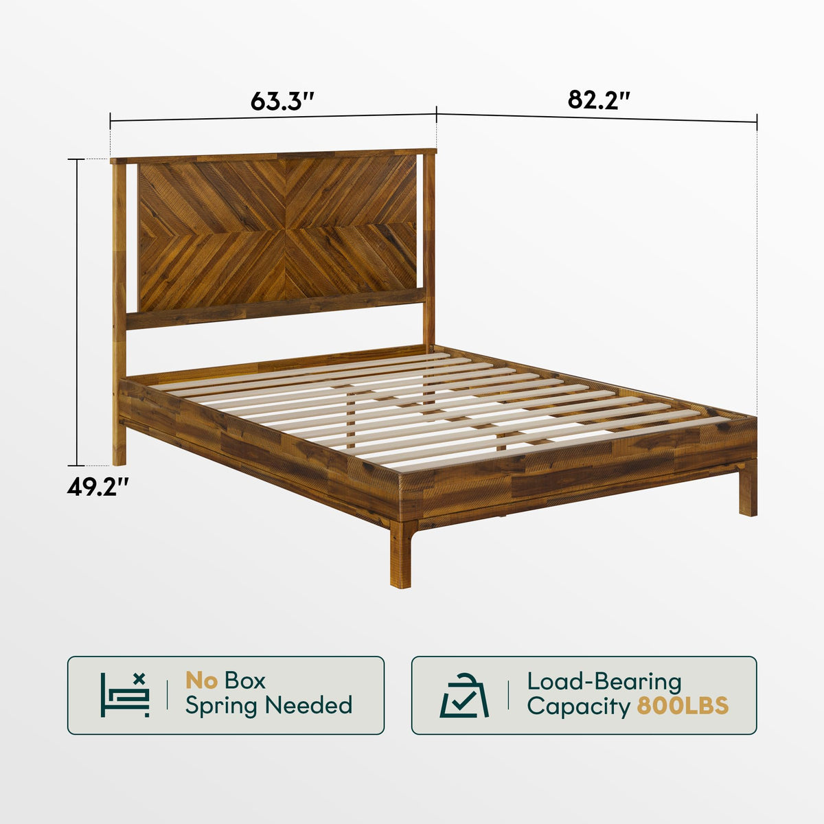 Vivian queen platform bed frame, featuring chestnut finish, for mattress placement