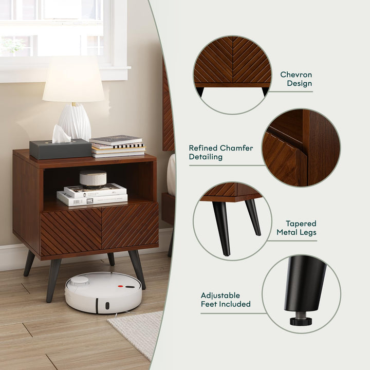 Rhombus nightstand with walnut finish and bedside storage; for bedside essentials