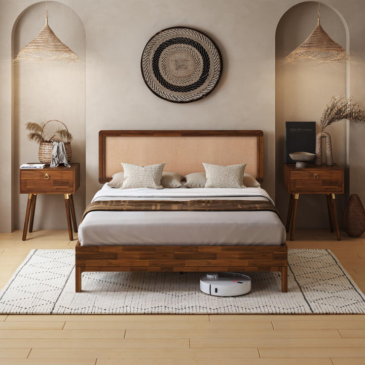 Nipe queen platform bed frame with headboard, solid acacia wood, and dark chocolate finish for bedroom setup